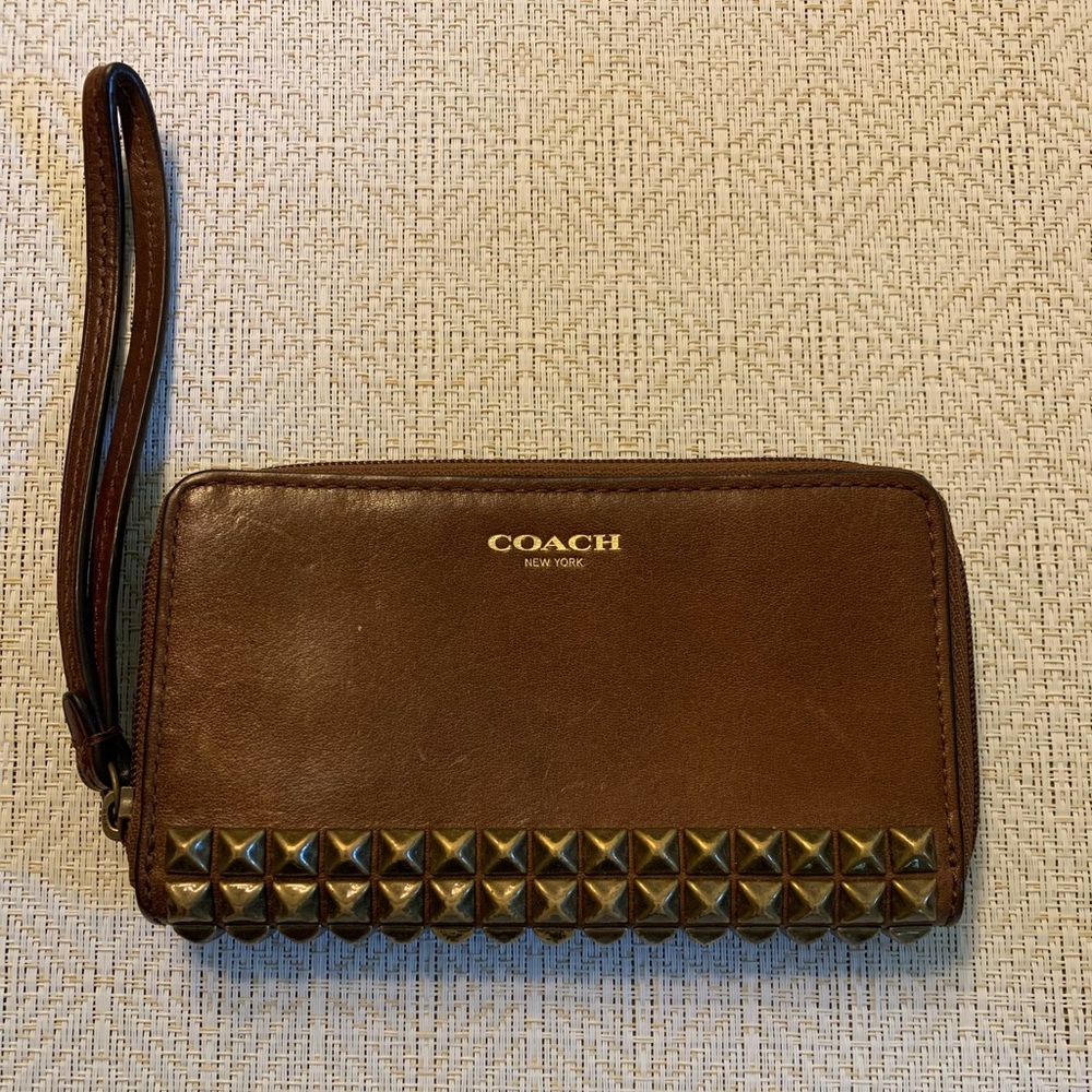 Coach brown leather clutch with studs 6.5 inches